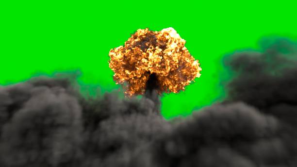 istock The explosion of a nuclear bomb. Realistic Atomic bomb explosion with fire, smoke and mushroom cloud in front of a green screen. 3D Rendering 1175908774