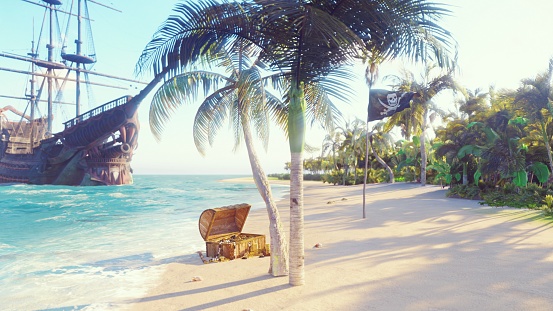 Sand, sea, sky, clouds, palm trees and summer day. Pirate island, chest of gold and pirate flag fluttering in the wind. 3D Rendering