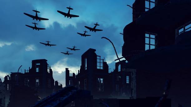 eine armada von militärflugzeugen fliegt über die ruinen einer zerstörten, verlassenen stadt. 3d-rendering - battlefield stock-fotos und bilder