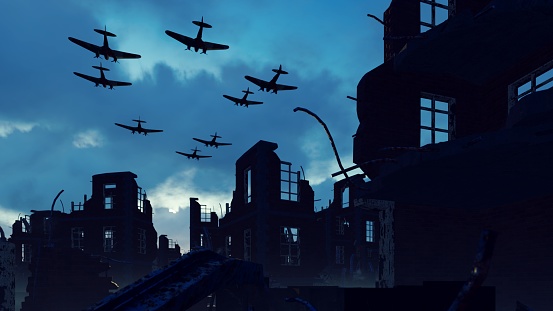 Una Armada de aviones militares sobrevuela las ruinas de una ciudad desierta en ruinas. Renderizado 3D photo
