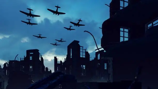 An Armada of military aircraft flies over the ruins of a ruined deserted city.