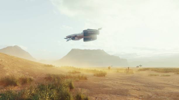 istock A spaceship lands on a deserted dust alien planet. Concept on space theme. 3D Rendering 1175908953