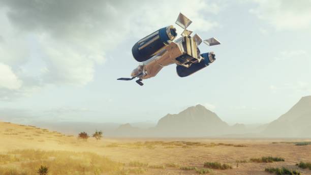 istock A spaceship lands on a deserted dust alien planet. Concept on space theme. 3D Rendering 1175908955