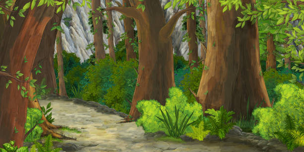 illustrations, cliparts, dessins animés et icônes de scène d'été de dessin animé avec le chemin dans la forêt - personne sur la scène - nobody tranquil scene nature park