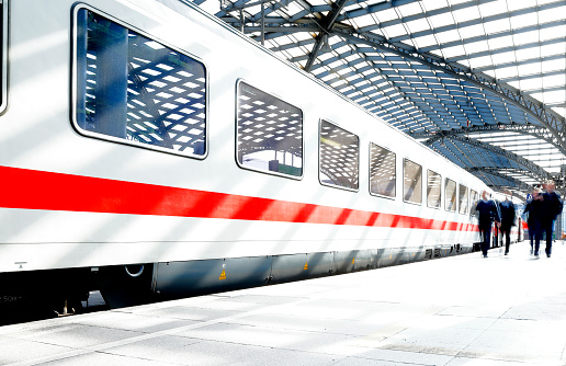 Frankfurt, Germany - July 6, 2019: Pedestrians in front of the Frankfurt station building.