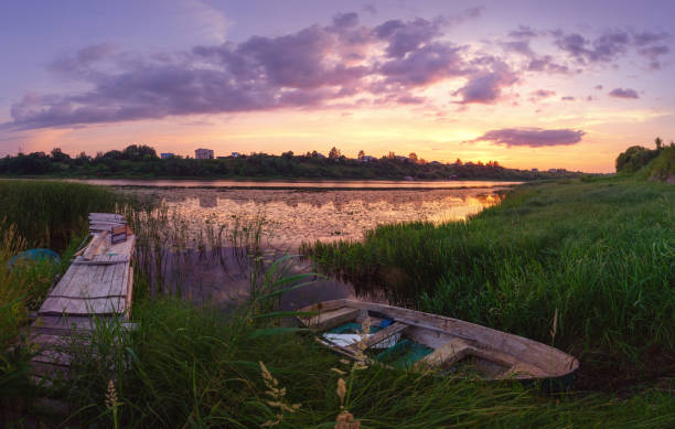 Beautiful sunset over the river. Relaxation and meditation concept. Landscape.