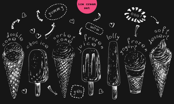 Set of hand drawn ice cream cones and popsicles. Set of hand drawn ice cream cones and popsicles. Chalk sketch illustration for dessert menu or food package design. frozen coloring pages stock illustrations