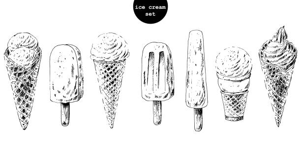 Set of hand drawn ice cream cones and popsicles. Set of hand drawn ice cream cones and popsicles. Ink sketch illustration for dessert menu or food package design. frozen coloring pages stock illustrations