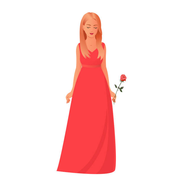 mädchen in einem roten kleid mit einer rose in der hand. - vertical single flower women teenager stock-grafiken, -clipart, -cartoons und -symbole