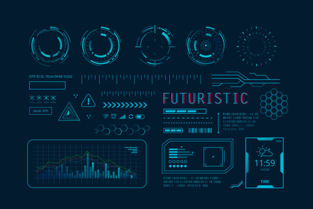 ilustraciones, imágenes clip art, dibujos animados e iconos de stock de futurista hud ui para la aplicación. interfaz de usuario hud y elementos infográficos, gráfico virtual, simulación, gráfico, icono, aumentar la realidad y la interfaz del monitor de pantalla hud conjunto infográfico. - graphic interface