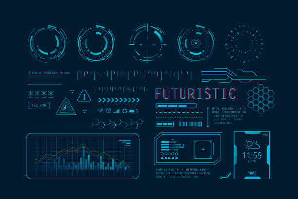 illustrations, cliparts, dessins animés et icônes de futuristic hud ui for app. user interface hud and infographic elements, virtual graphic, simulation, graph, icon, augment reality and screen monitor interface hud infographic set. - création numérique illustrations