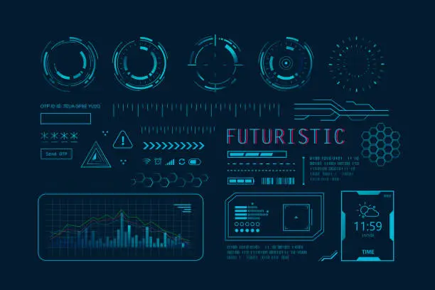 Vector illustration of Futuristic HUD Ui for app. User interface HUD and Infographic elements, virtual graphic, simulation, graph, icon, Augment reality and screen monitor interface hud infographic set.