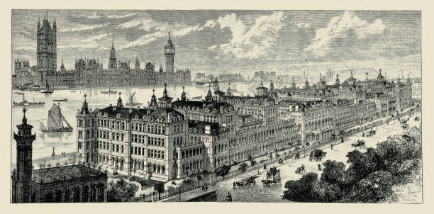 St. Thomas's Hospital, London, exterior bird's-eye view from south Illustration of a St. Thomas's Hospital, London, exterior bird's-eye view from south 1890 stock illustrations