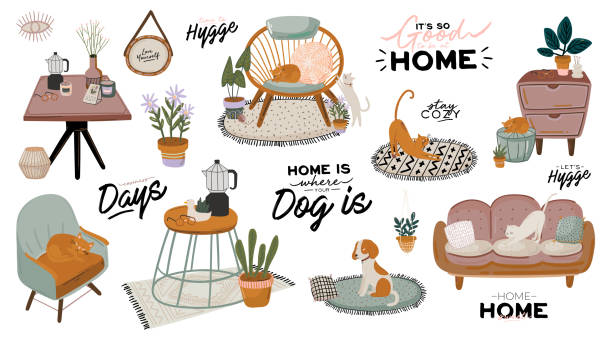 ilustrações de stock, clip art, desenhos animados e ícones de stylish scandic living room interior - sofa, armchair, coffee table, plants in pots, lamp, home decorations. - scandic