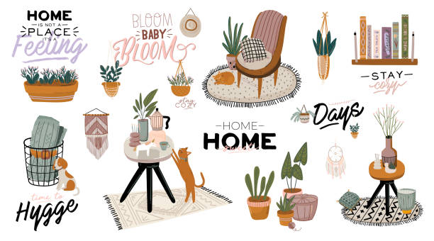 ilustrações de stock, clip art, desenhos animados e ícones de stylish scandic living room interior - sofa, armchair, coffee table, plants in pots, lamp, home decorations. - scandic