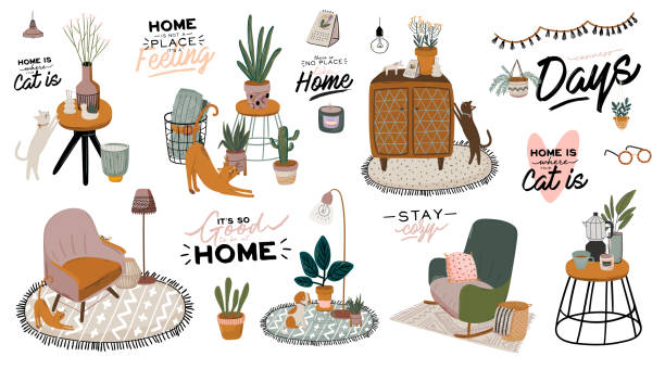 ilustrações de stock, clip art, desenhos animados e ícones de stylish scandic living room interior - sofa, armchair, coffee table, plants in pots, lamp, home decorations. - scandic