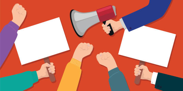 Symbol of the strike with signs and a megaphone Concept of the demonstration illustrated with raised fists, hands holding megaphones and pencartes for protest messages populism stock illustrations