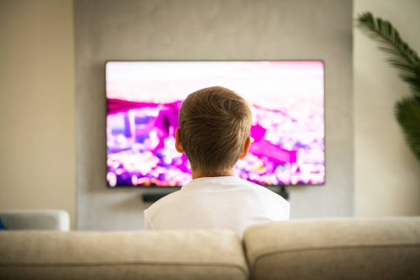 Back view image of cute boy sitting on sofa and watching TV.
