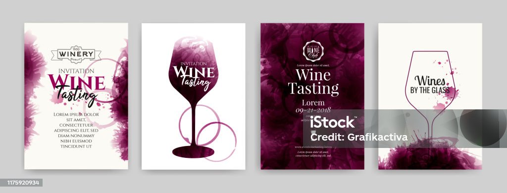 Collection of templates with wine designs. Elegant wine glass illustration. Brochure, poster, invitation card, promotion banner, menu, list, cover. Wine stains backgrounds. Collection of templates with wine designs. Elegant wine glass illustration. Brochure, poster, invitation card, promotion banner, menu, list, cover. Wine stains backgrounds. Vector illustration. Wine stock vector