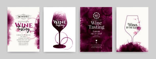 Collection of templates with wine designs. Elegant wine glass illustration. Brochure, poster, invitation card, promotion banner, menu, list, cover. Wine stains backgrounds. Collection of templates with wine designs. Elegant wine glass illustration. Brochure, poster, invitation card, promotion banner, menu, list, cover. Wine stains backgrounds. Vector illustration. wine tasting stock illustrations