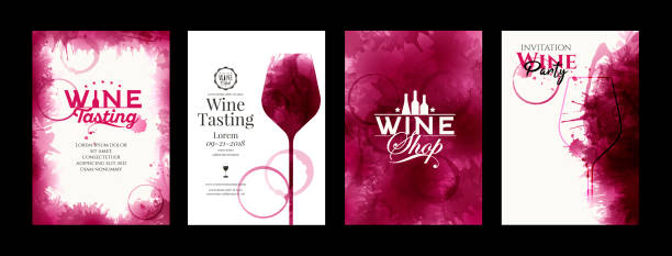 Collection of templates with wine designs. Elegant wine glass illustration. Brochure, poster, invitation card, promotion banner, menu, list, cover. Background red and rose wine stains. Collection of templates with wine designs. Elegant wine glass illustration. Brochure, poster, invitation card, promotion banner, menu, list, cover. Background red and rose wine stains. Vector illustration. wine tasting stock illustrations