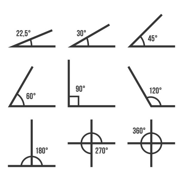 ilustraciones, imágenes clip art, dibujos animados e iconos de stock de iconos de ángulos establecidos en fondo blanco. vector - geometry geometric shape protractor mathematics