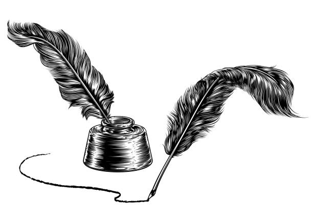 ilustrações de stock, clip art, desenhos animados e ícones de two quill feather pens and inkwell - cerda