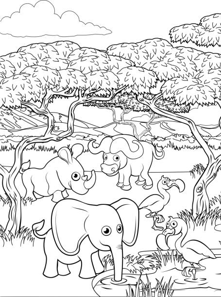 サファリ漫画動物の背景風景シーン - animal cartoon zoo safari点のイラスト素材／クリップアート素材／マンガ��素材／アイコン素材