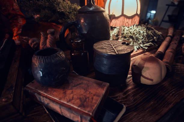 istock Ancient Chinese Medicine. Wooden table with various accessories 1175925001