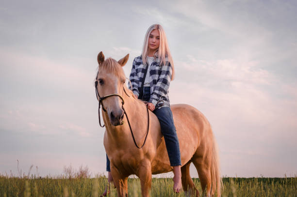 青いジーンズとチェック柄のシャツを着た若いブロンドの女の子は、牧場のクローズアップで馬の上に座っています - cowboy blue meadow horizontal ストックフォトと画像