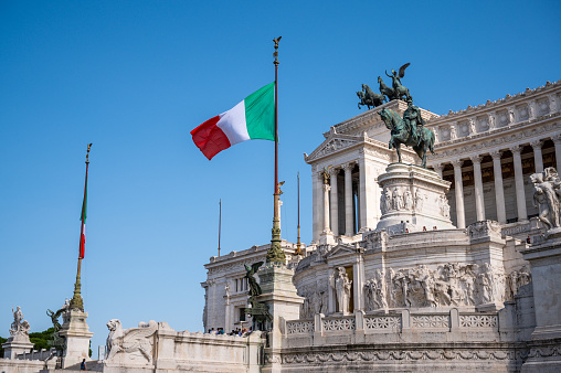 Altare della Patria or Altar of the Fatherland on Piazza Venezia in Rome, Italy. Grand marble classical temple built to honour Italy's first kind and First World War soldiers