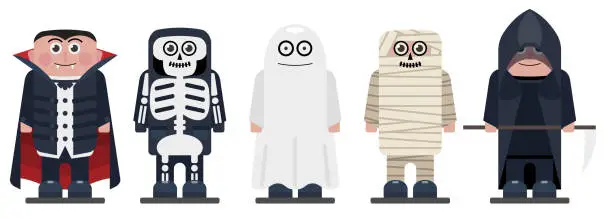 Vector illustration of Halloween Kids Wearing Monsters Costumes. Happy Halloween Characters For Your Business Project. Halloween Kids Vector Illustration