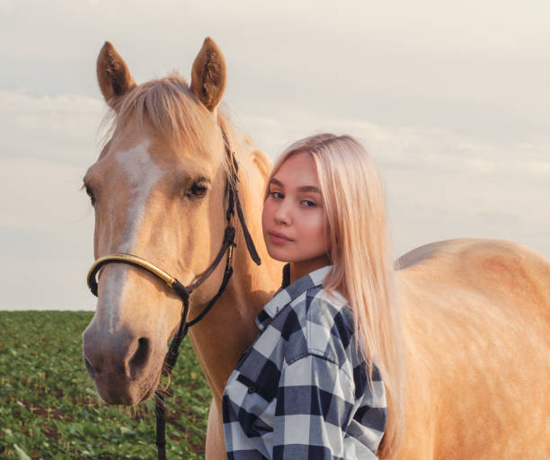 牧場のクローズアップでベージュの馬を持つ若いブロンドの女の子の肖像画 - cowboy blue meadow horizontal ストックフォトと画像