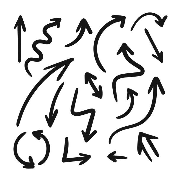 Vector set of doodle arrows on white background. Handmade by brush and pencil. Grunge design elements. Hand drawn