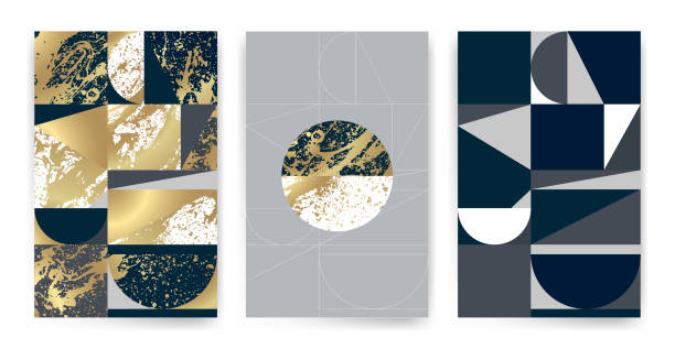 istock Templates with elegant geometric design. Marble effect texture, golden lines and geometric shapes. 1175928340