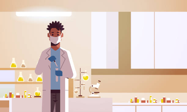 ilustraciones, imágenes clip art, dibujos animados e iconos de stock de investigador científico masculino sosteniendo hombre tubo de ensayo en uniforme trabajando con científico de matraz haciendo experimento científico de investigación química concepto moderno laboratorio interior horizontal retrato - microscope laboratory science research