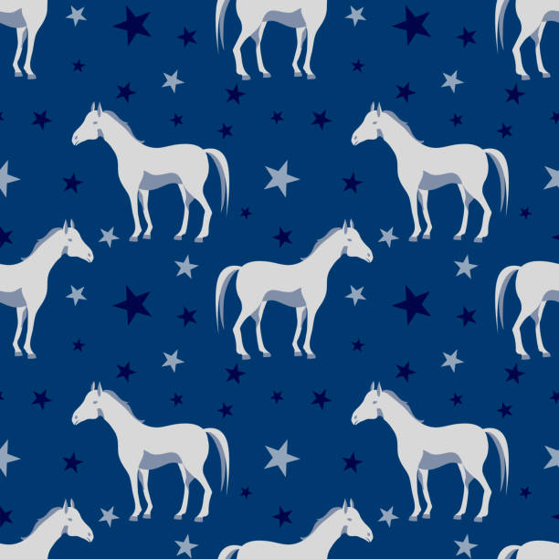 illustrations, cliparts, dessins animés et icônes de modèle sans couture avec le cheval, étoile sur un fond bleu profond. impression douce de chéri ou d'enfant avec l'animal - horseshoe backgrounds seamless vector