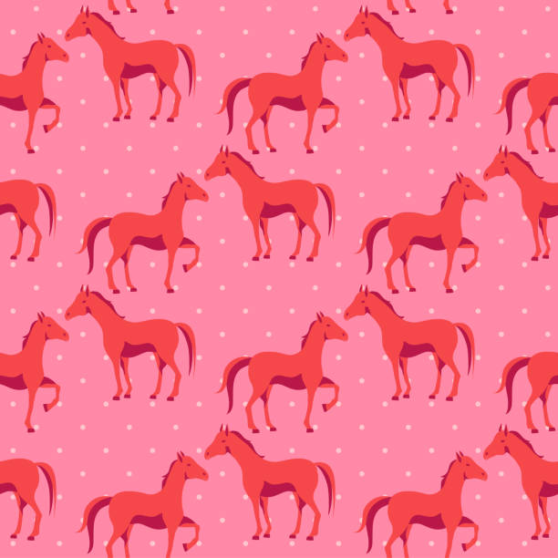 Seamless pattern with cute horse on a pink polka dot background