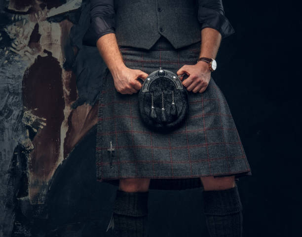 Traditional Scottish costume. Kilt and sporran. stock photo