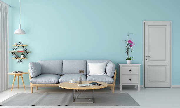 istock Gray sofa in blue living room, 3D rendering 1175934629