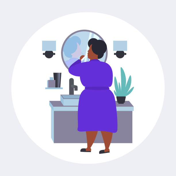 ilustrações de stock, clip art, desenhos animados e ícones de fat obese woman brushing teeth overweight african american girl holding toothbrush looking at mirror obesity concept modern bathroom interior flat full length rear view - woman in mirror backview
