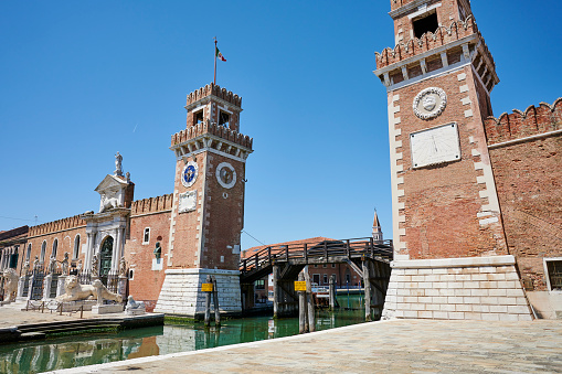 The entrance of the Venetian Arsenale, a state-owned complex of former shipyards and armories. Venezia. Veneto. Italy.