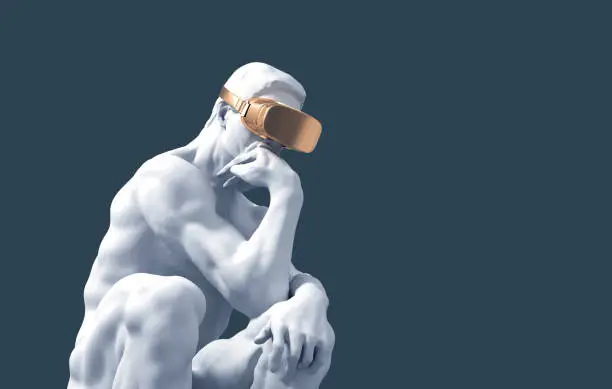 Photo of Sculpture Thinker With Golden VR Glasses On Blue Background