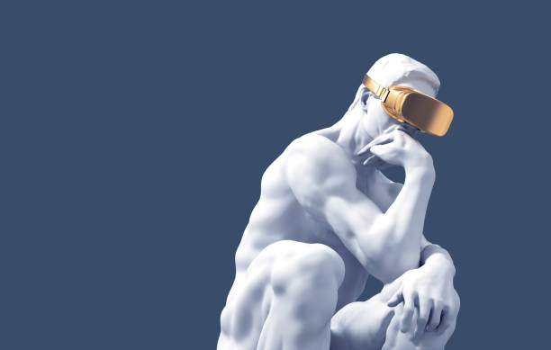 sculpture thinker with golden vr glasses over blue background - conceito ilustrações imagens e fotografias de stock