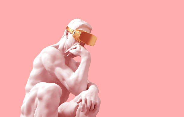 Sculpture Thinker With Golden VR Glasses Over Pink Background Sculpture Thinker With Golden VR Glasses Over Pink Background. 3D Illustration. contemplation concept stock pictures, royalty-free photos & images