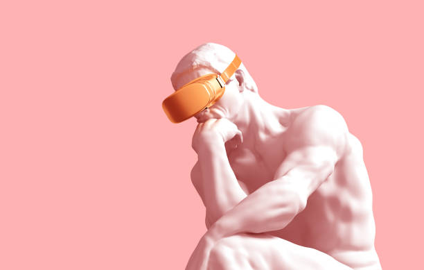 istock Sculpture Thinker With Golden VR Glasses On Pink Background 1175935933