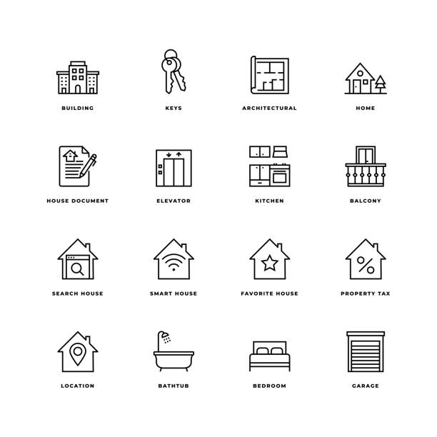 immobilien linie icon set - balkon stock-grafiken, -clipart, -cartoons und -symbole