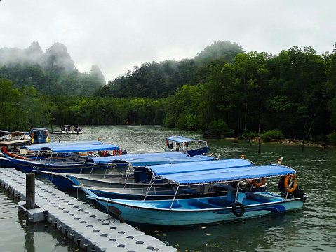 Riverboats Parked in Kilim Geoforest Park in Langkawi, Malaysia. Kilim Geoforest is a popular tourist destination in Malaysia famous for its mangrove forests, Lagoons, Beaches and also diverse flora and faunas.