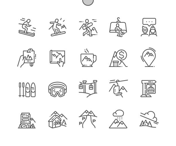 stockillustraties, clipart, cartoons en iconen met skigebied goed vervaardigde pixel perfecte vector dunne lijn pictogrammen 30 2x grid voor webafbeeldingen en apps. eenvoudige minimale pictogram - skivakantie