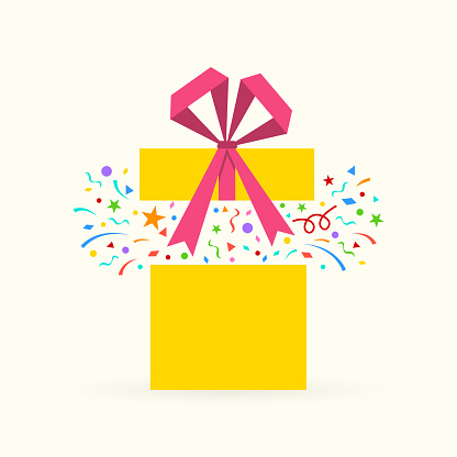 Gift box icon with confetti. Surprise package with ribbon and bow. Present box for Christmas or Birthday celebration. Party, greeting card design element. Vector illustration.